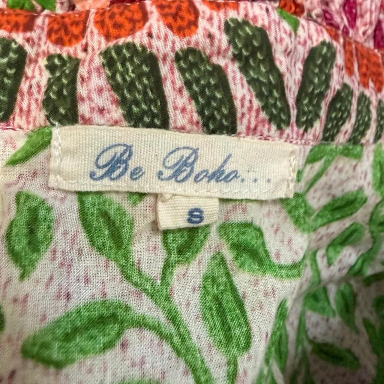 Be Boho Natural Wear Dress with Green Leaf and Parrot pattern Sz S - Image 3