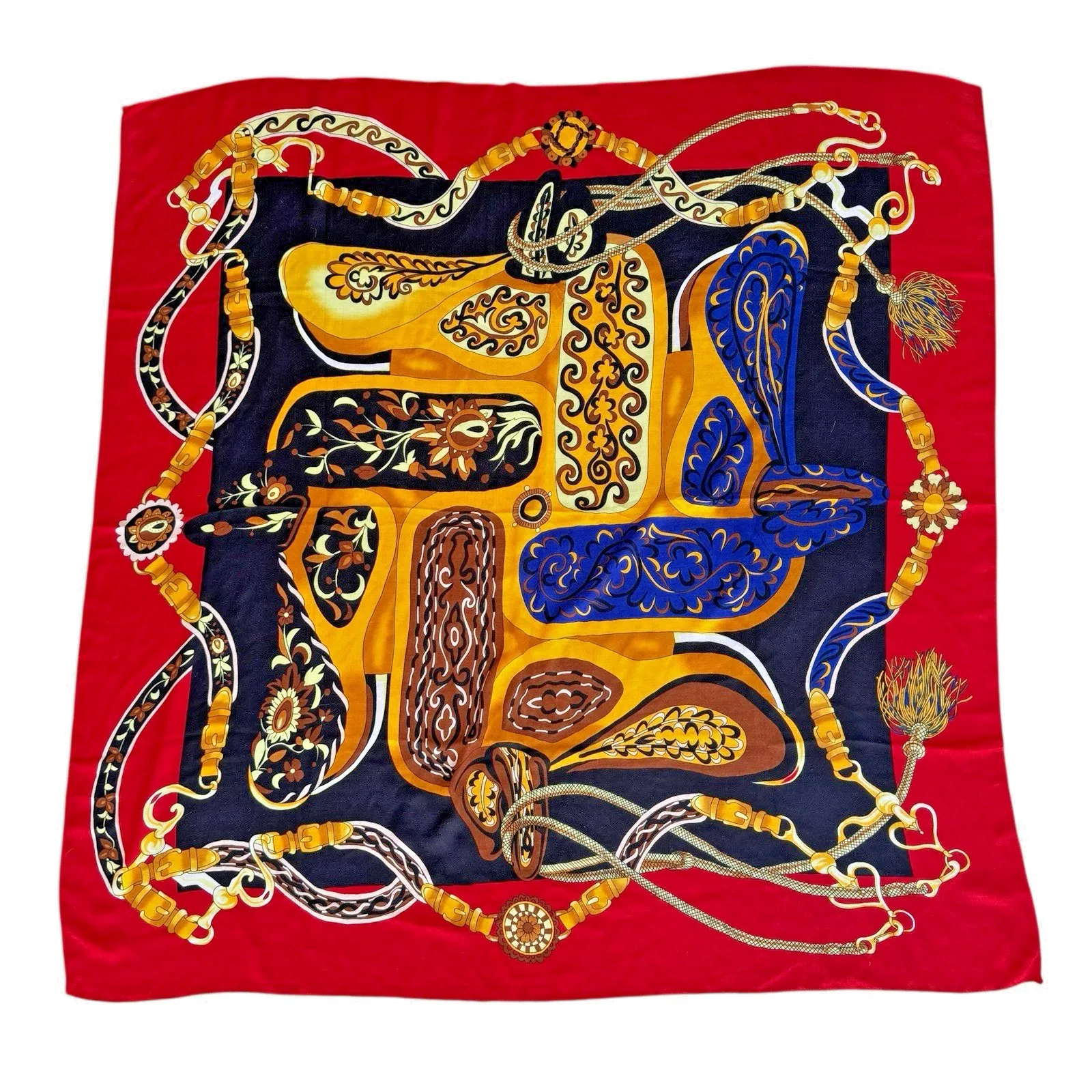 Vintage Equestrian Print Silk Scarf – Red/Gold/Blue – Square 4.5” Blue - Image 3