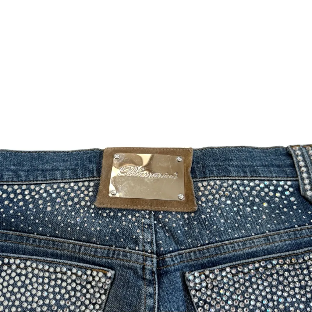 Blumarine US 4 Swarovski Crystal Embellished‎ Denim Shorts Logo Plaque Vintage Blue - Image 8