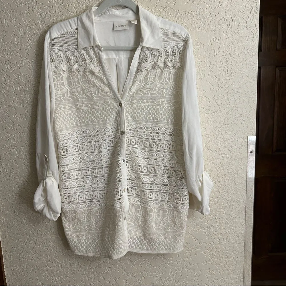 Chico’s Adelaide Crochet Button-Down Blouse 3 Ecru Lace Feminine‎ Women's XL - Image 3
