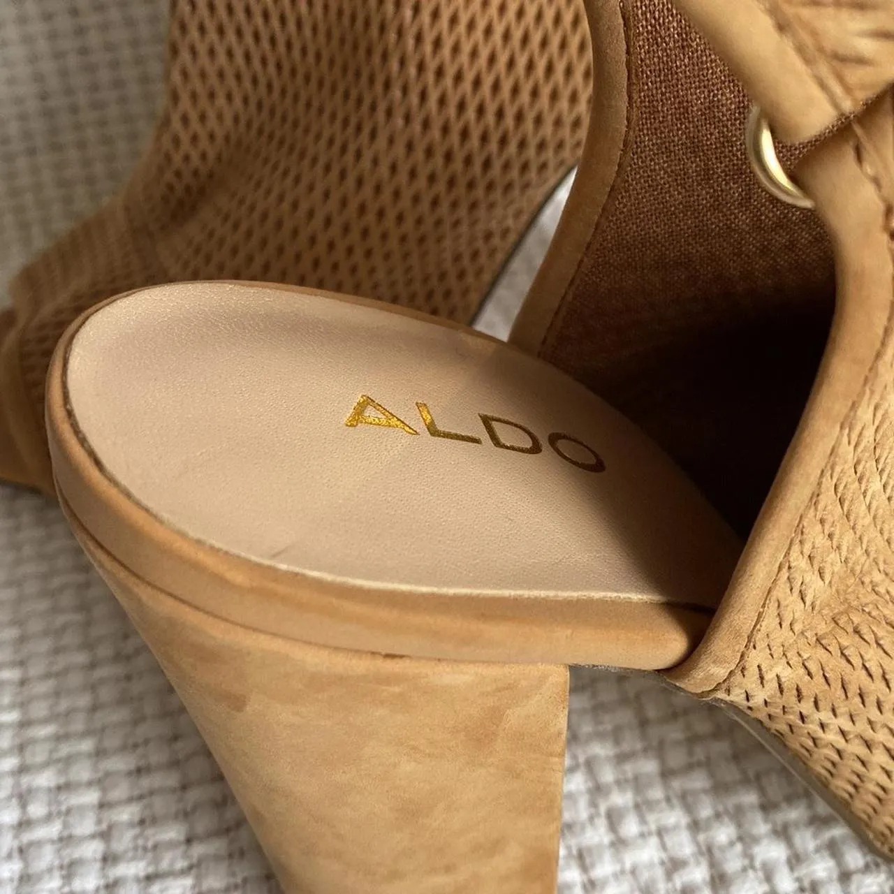 Tan Suede Peep Toe Heels - Image 4