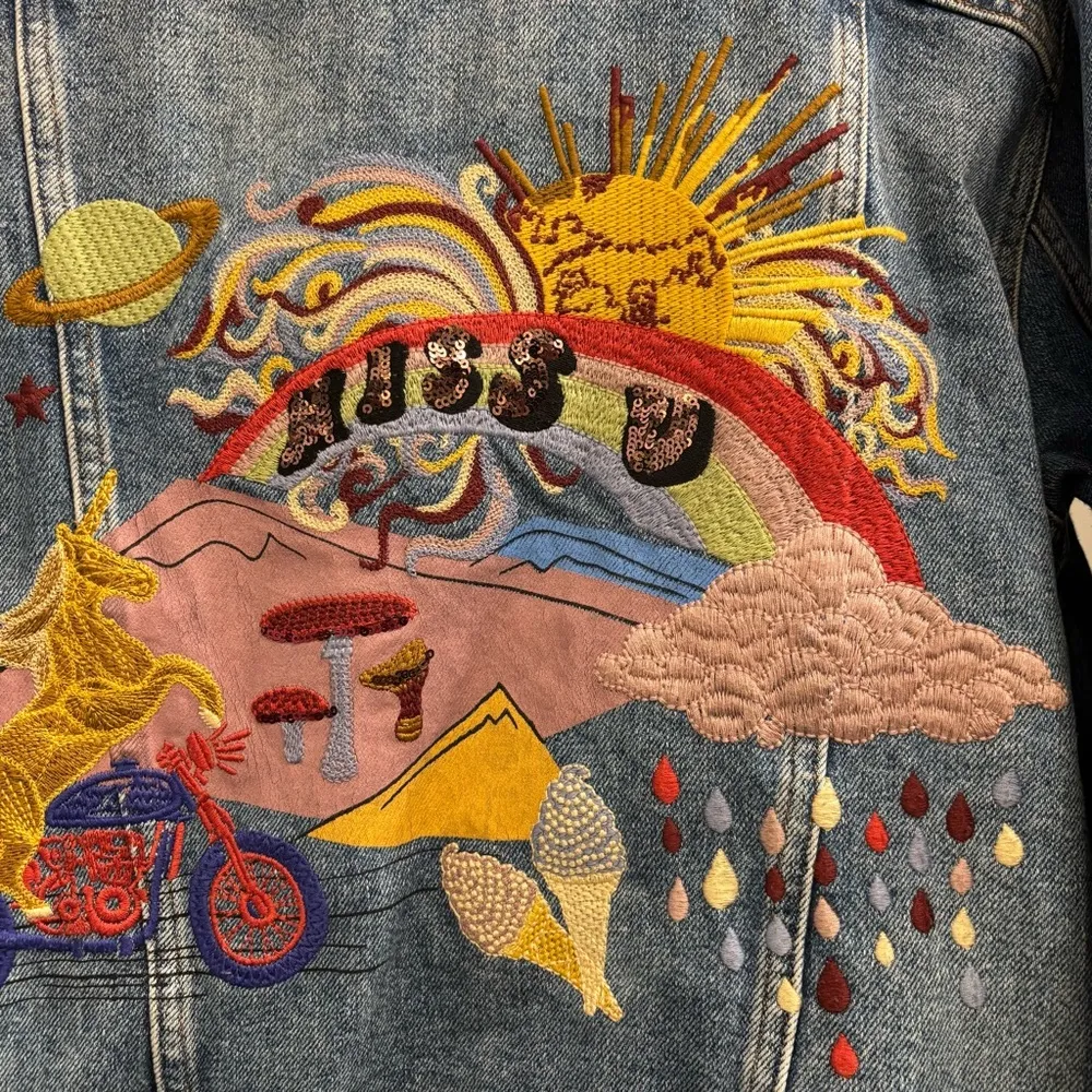 ZARA Women’s Embroidered Oversized Small Blue Jean Denim Jacket Unicorn Rainbow - Image 8