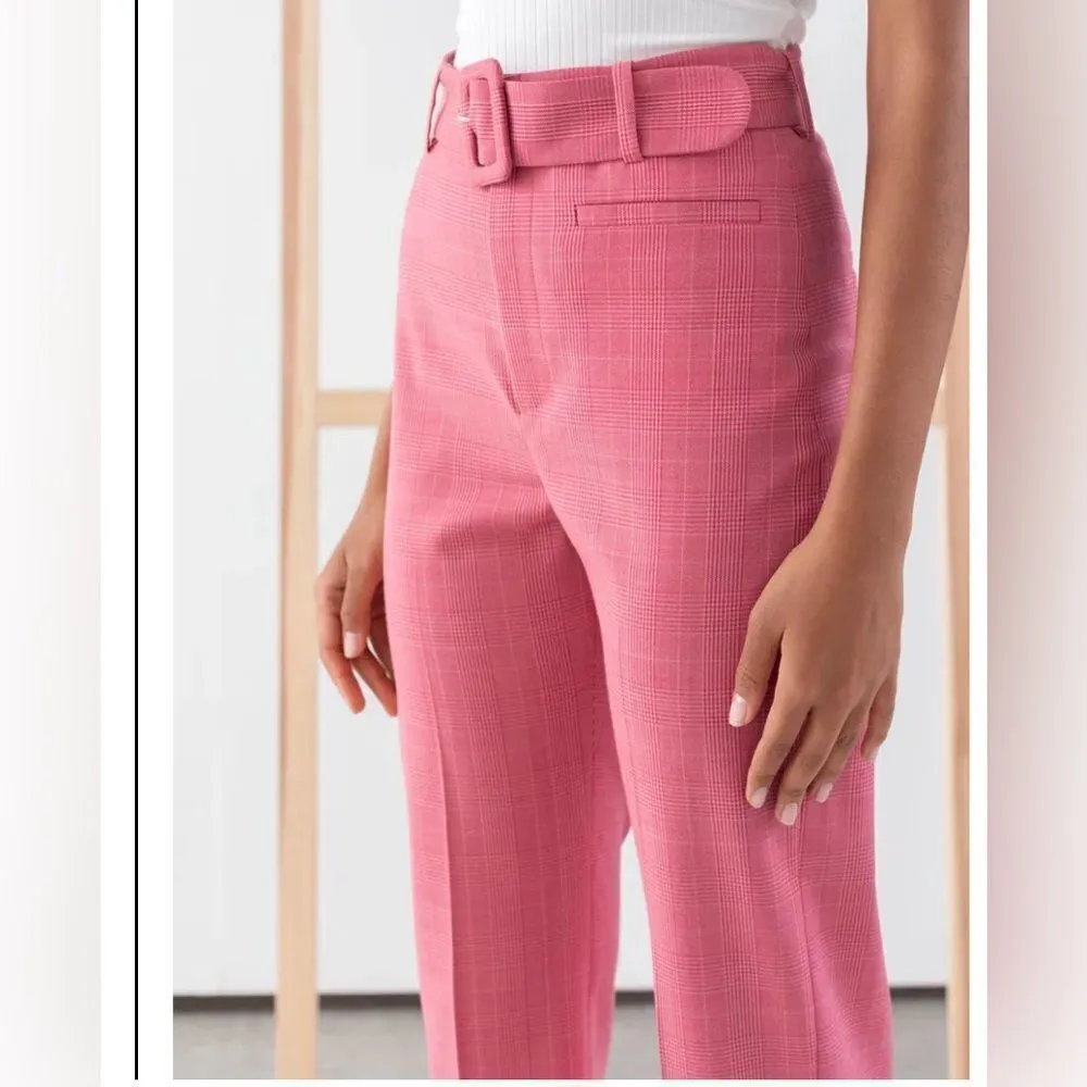 & OTHER STORIES Belted Plaid Kick Flare Trousers Pink Wool Blend- Size 6 - Image 3