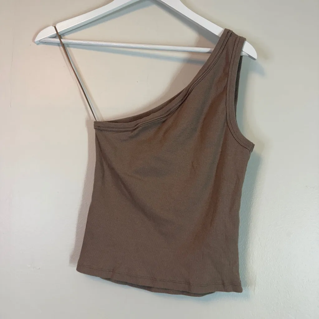 Anthropologie Pilcro The Zeda Ribbed One-Shoulder Top Size Small Taupe Neutral - Image 4
