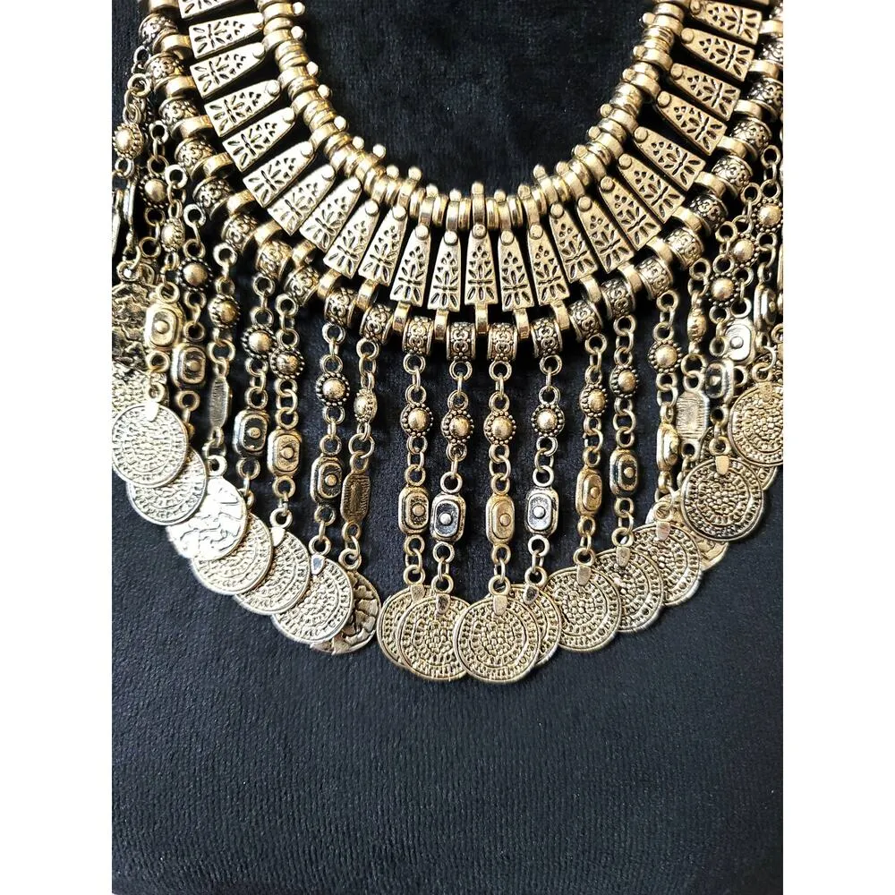 Women's Boho Statement Coin Bib Necklace Lobster Clasp Gypsy Festival Style Gold - Image 3