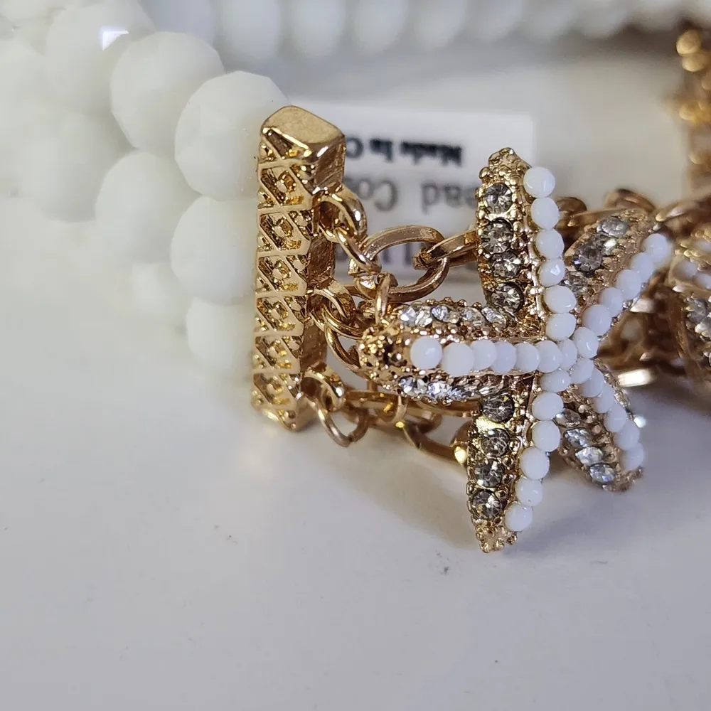 Starfish Seahorse Fish Gold Chain and White Faceted Glass Bead Bracelet - Image 2