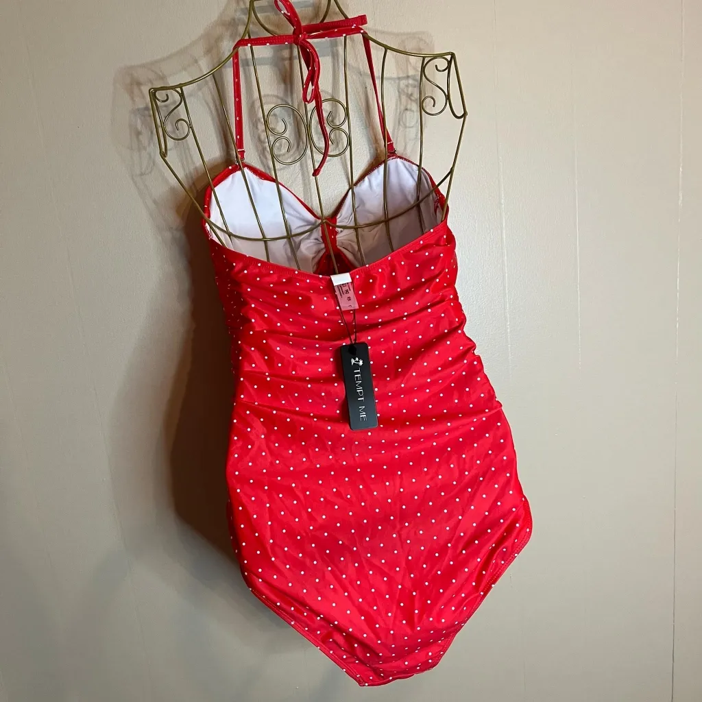 Tempt Me Red Polka Dot Large Vintage Look One Piece Halter Swim Suit - Image 3