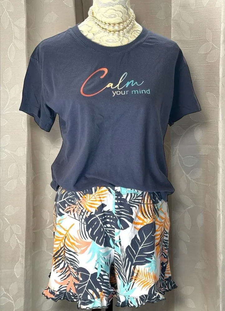 Ambrielle Sleepwear Set Small Navy Tee Tropical Print Ruffle Shorts Lounge Blue - Image 1