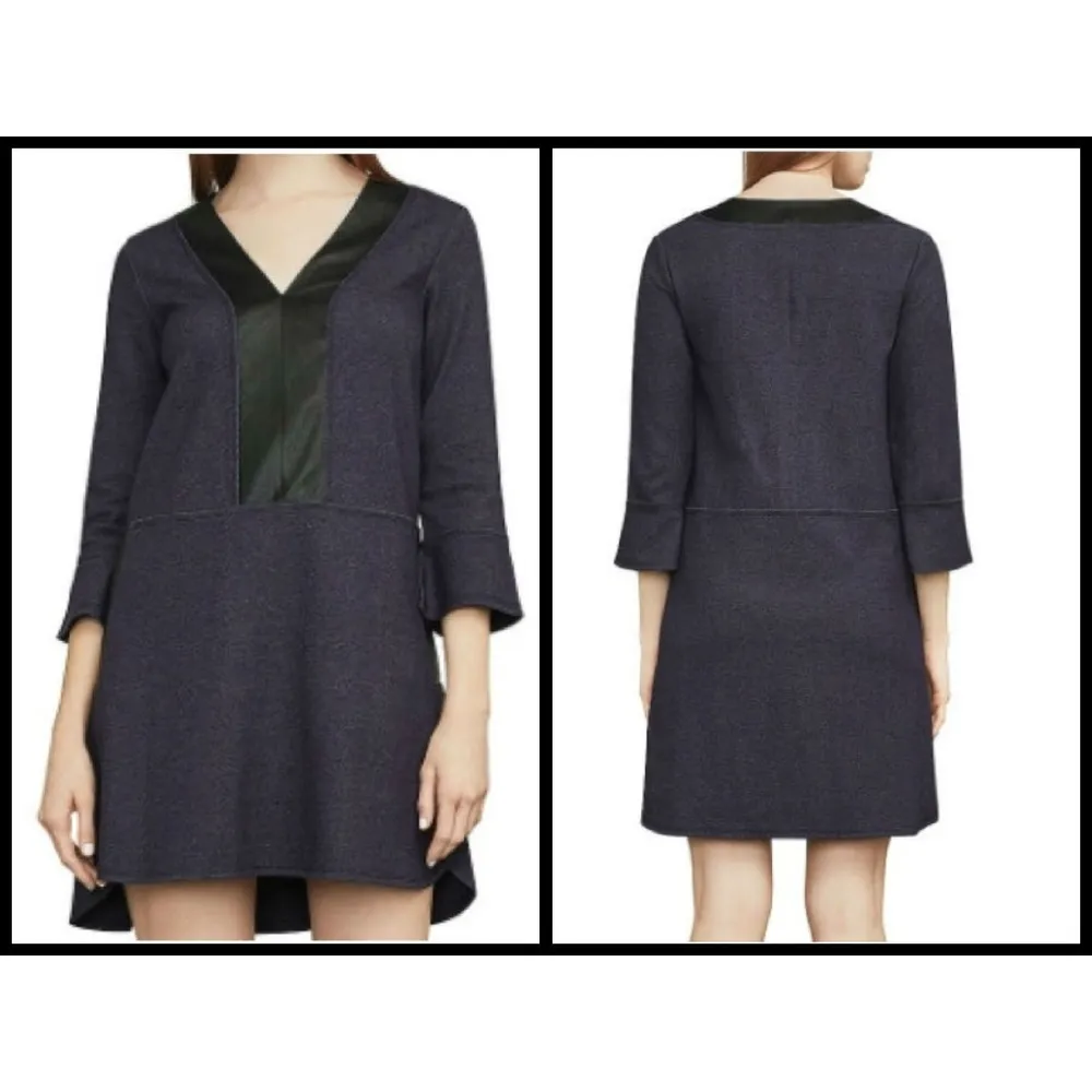 💕BCBGMAXAZRIA💕 V-Neck Faux-Leather Trim Dress - Image 3