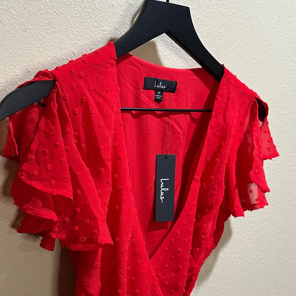 NWT Lulus XS Much to Celebrate Berry Swiss Dot Flutter Sleeve Wrap Mini Dress - Image 4
