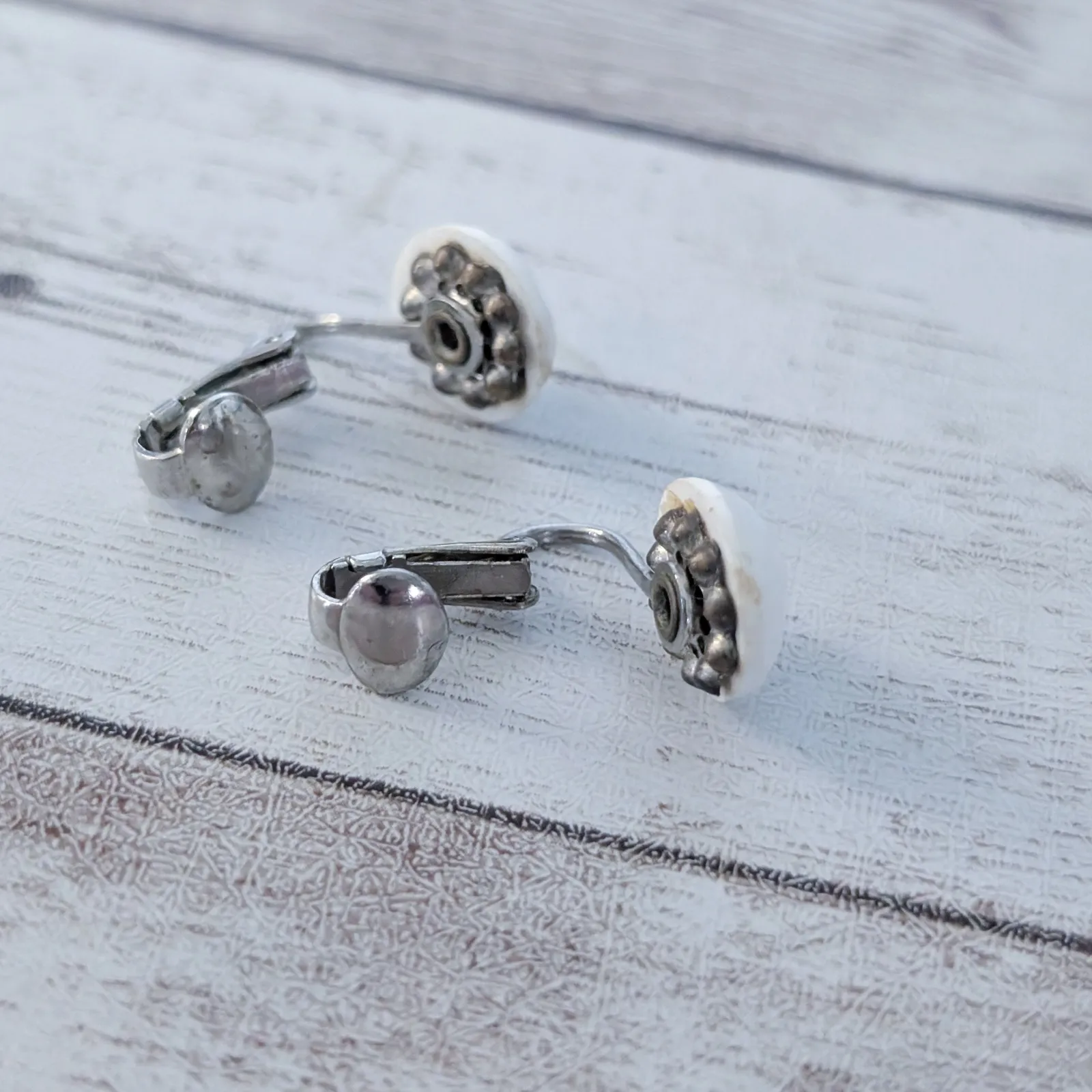 Vintage Clip On Earrings Dainty White Faceted Domed with Golf Ball Like Design - Image 5