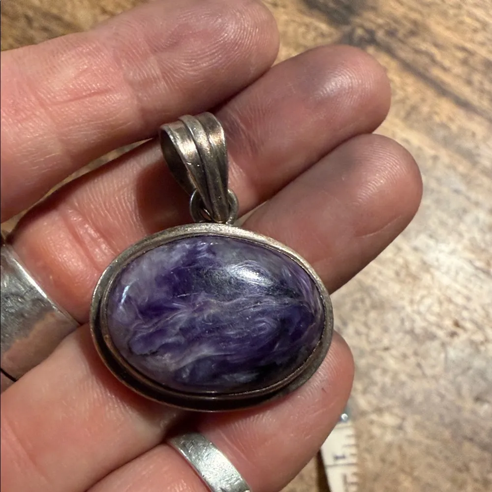 This is a vintage charoite pendant with a sterling silver bail Purple Stone - Image 2