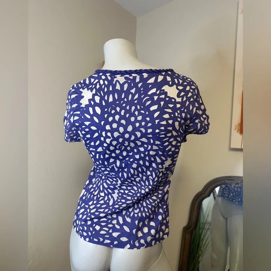 Boden Floral Blue Purple Top Cap Sleeves Button Front Lots of Details 4 Cotton - Image 5