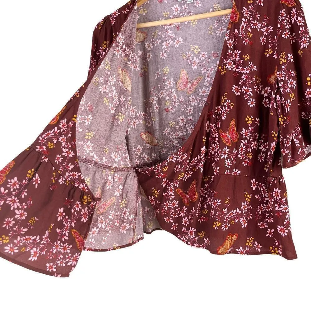 Madewell Tie-Sleeve Wrap‎ Top in Maroon Floral Butterfly Sanctuary Print, Size 2 - Image 11