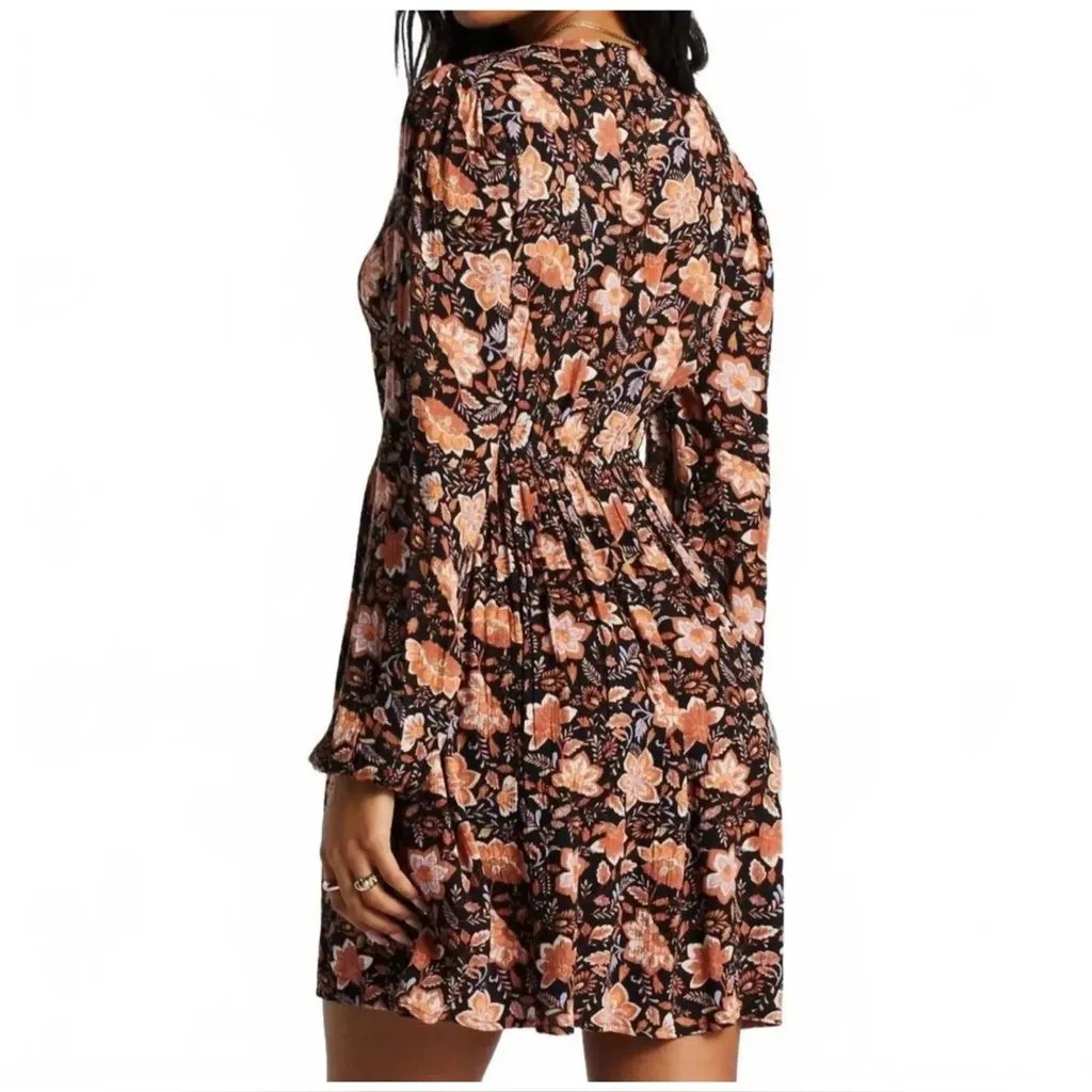 Billabong Sweetest Dream Floral Mini Dress Black Pebble Long Sleeve L - Image 4