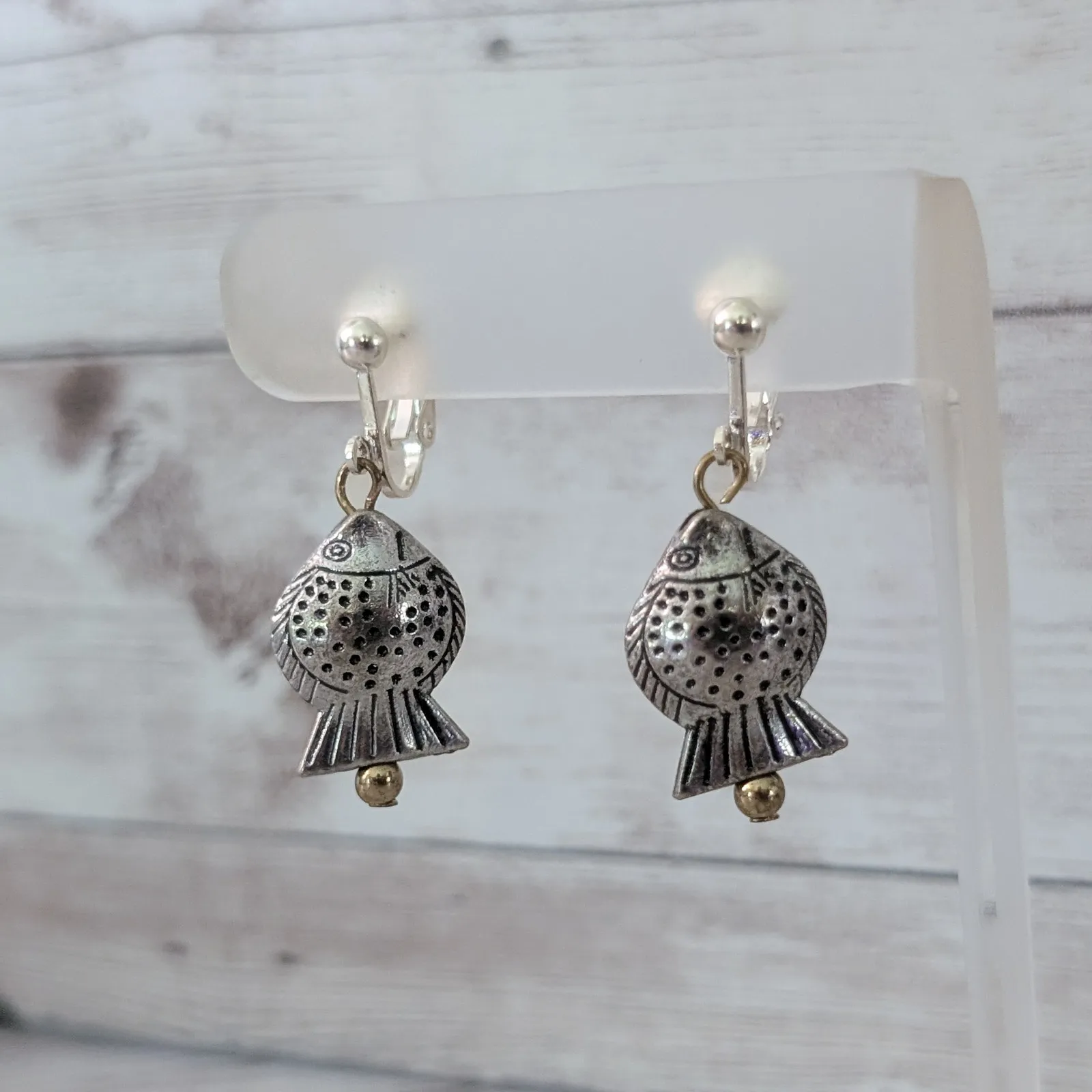 Vintage Clip On Earrings Fish Dangle Statement Silver - Image 2