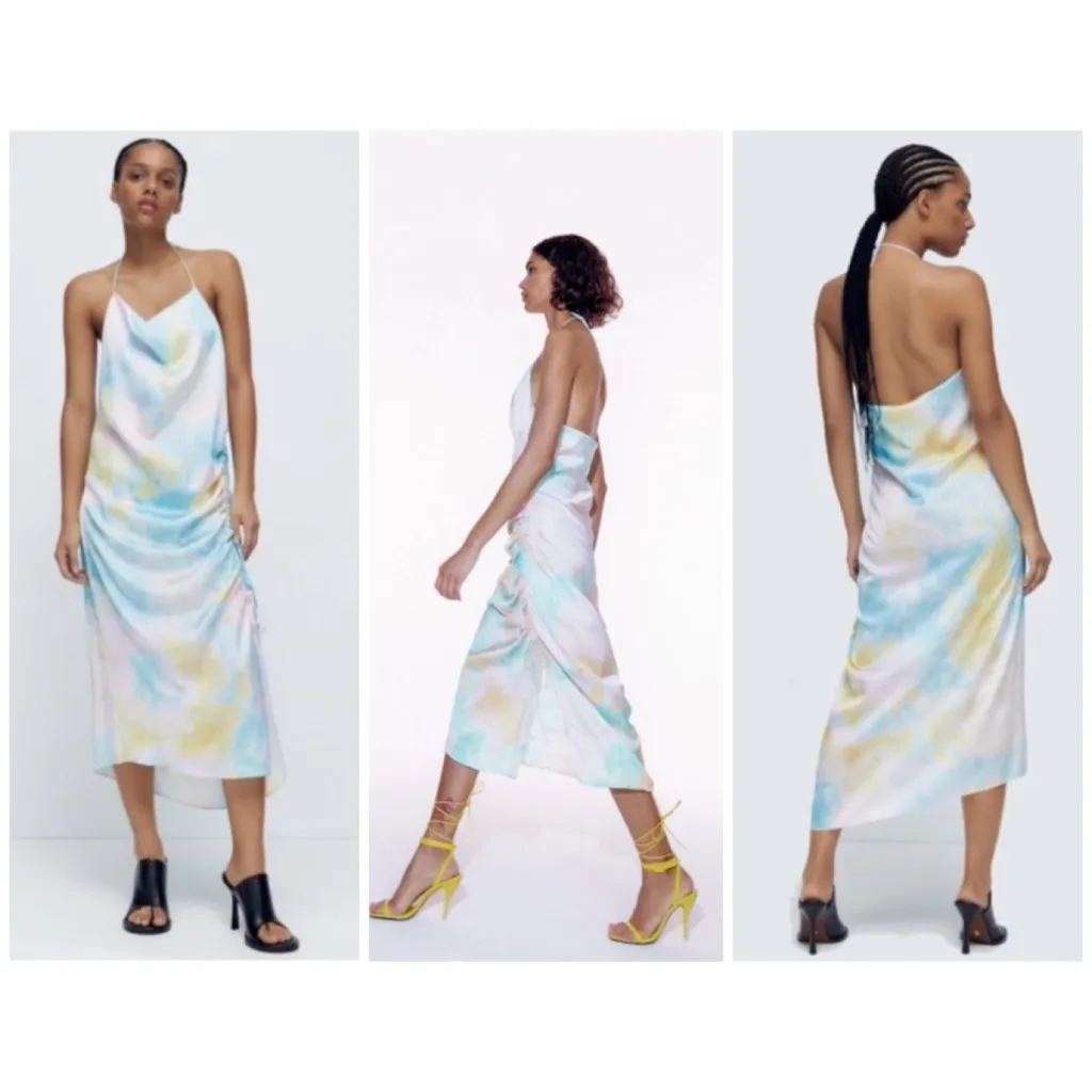 Zara Pastel Tie Dye Satin Halter Cowl Neck Ruched Slip Midi Dress Size XS - Image 9