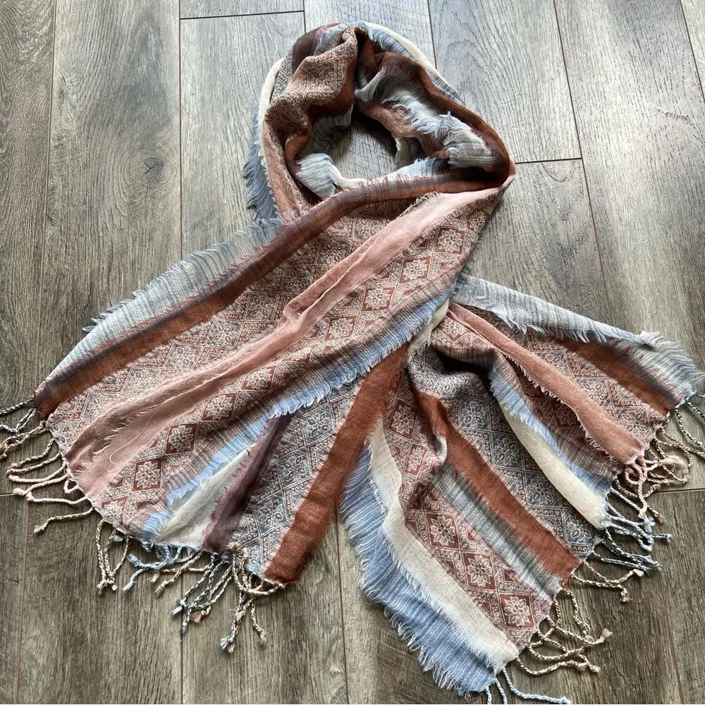 PRANA Mae Scarf Wrap Fringed Striped Tan Blue Cream Multicolored 100% Wool - Image 4