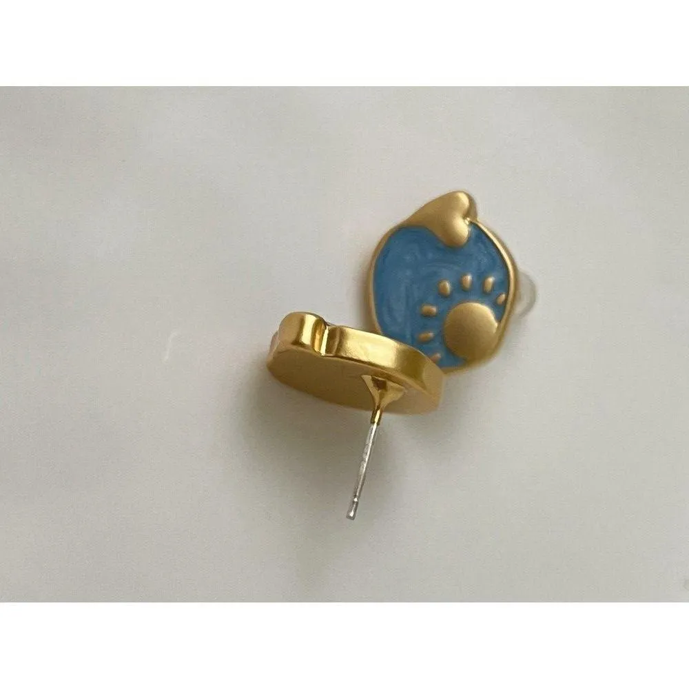 Stud Earrings Blue Gold Plated Earring Handmade Asymmetry Moon Sun Star - Image 4