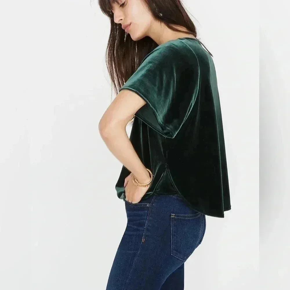 Madewell | Dark Green Velvet Butterfly Short Sleeve Top Size XXS - Image 6