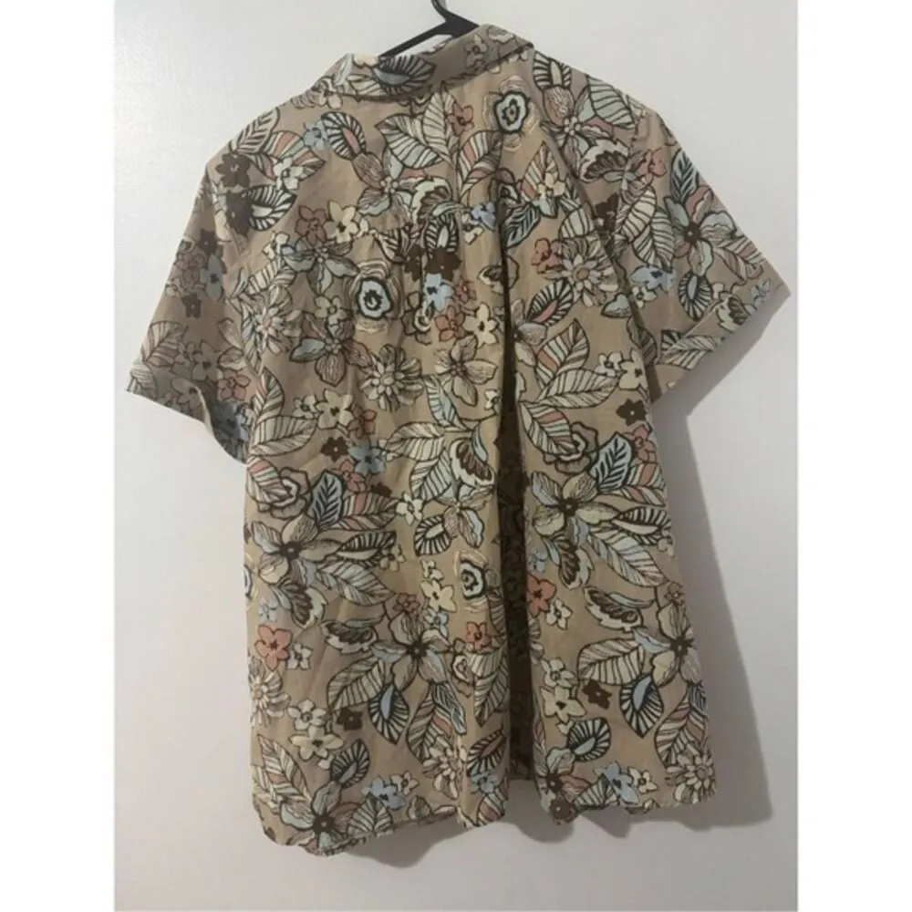 Roamans Womens Tan Cotton Floral Short Sleeve Button Shirt sz 22 Beachy Vacation Brown - Image 3