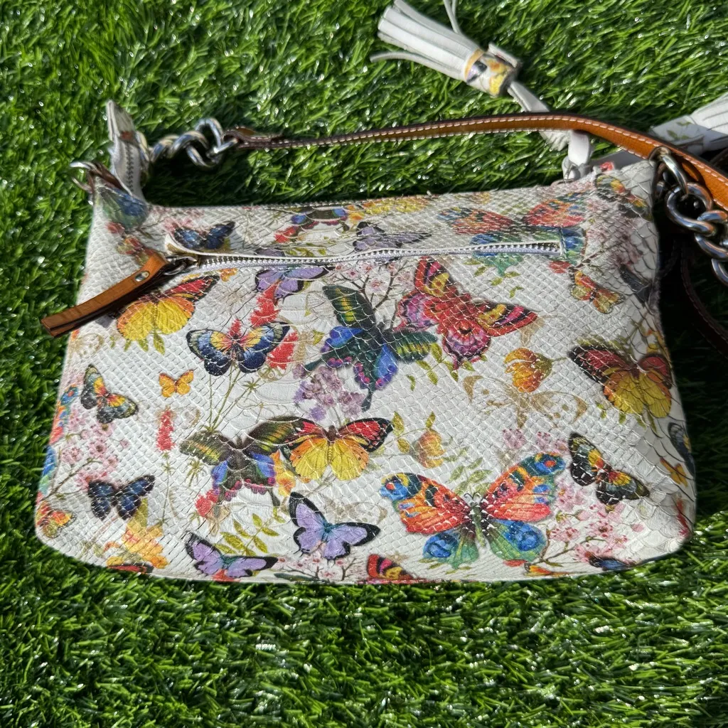 Cavalcanti Leather Purse Handpainted Butterfly Print Snakeskin Italy Bag Brown - Image 5