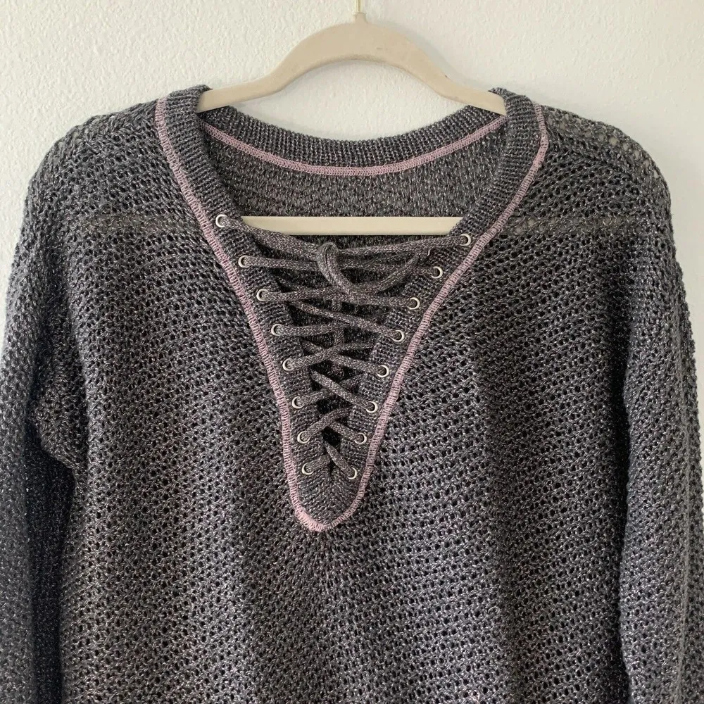 Kimchi Blue UO Womens Size XS Multicolor Lace Up Metallic Pullover Sweater - Image 2