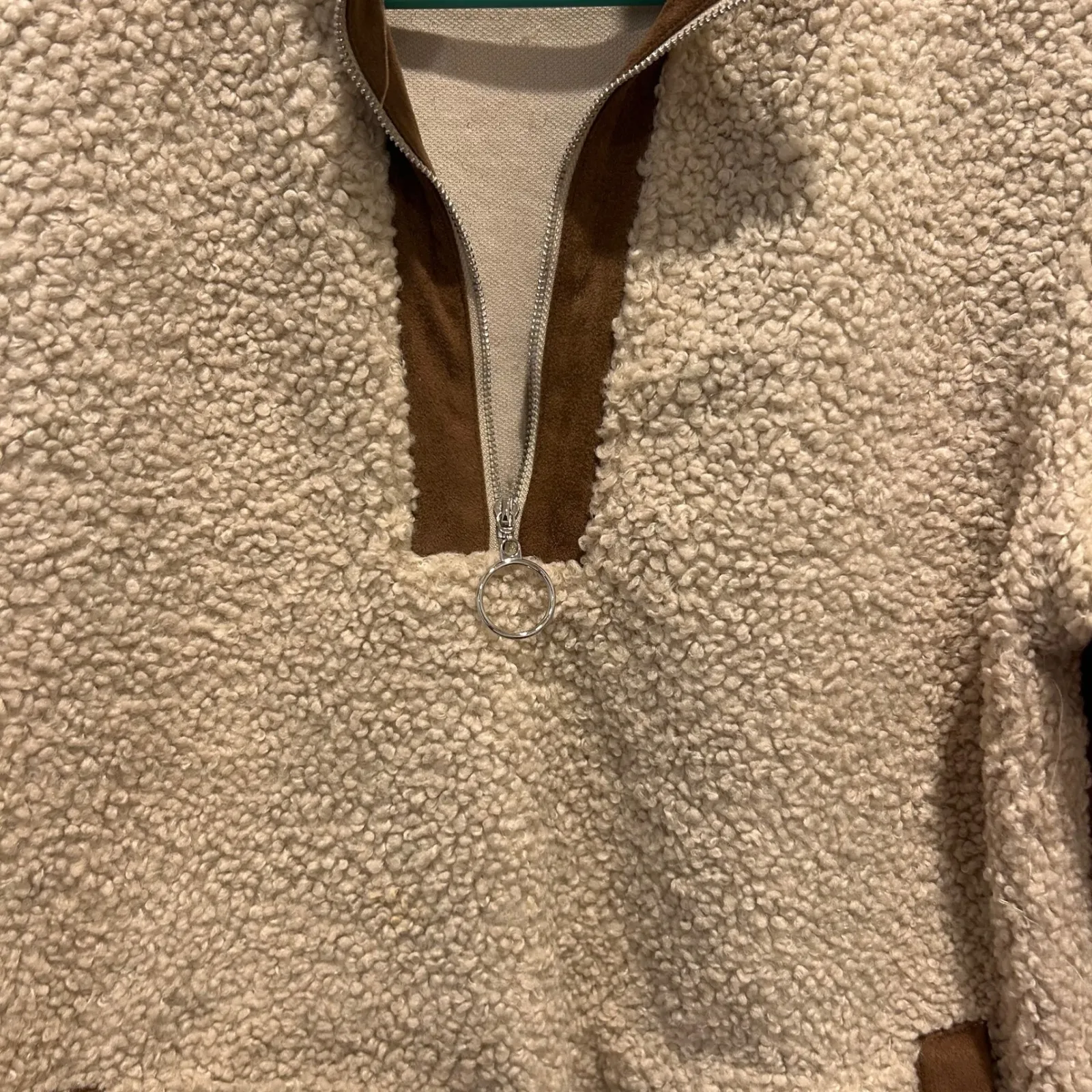 THML Women's Medium Sherpa Pullover 1/4 Zip‎ Beige Brown Trim Sweater - Image 3