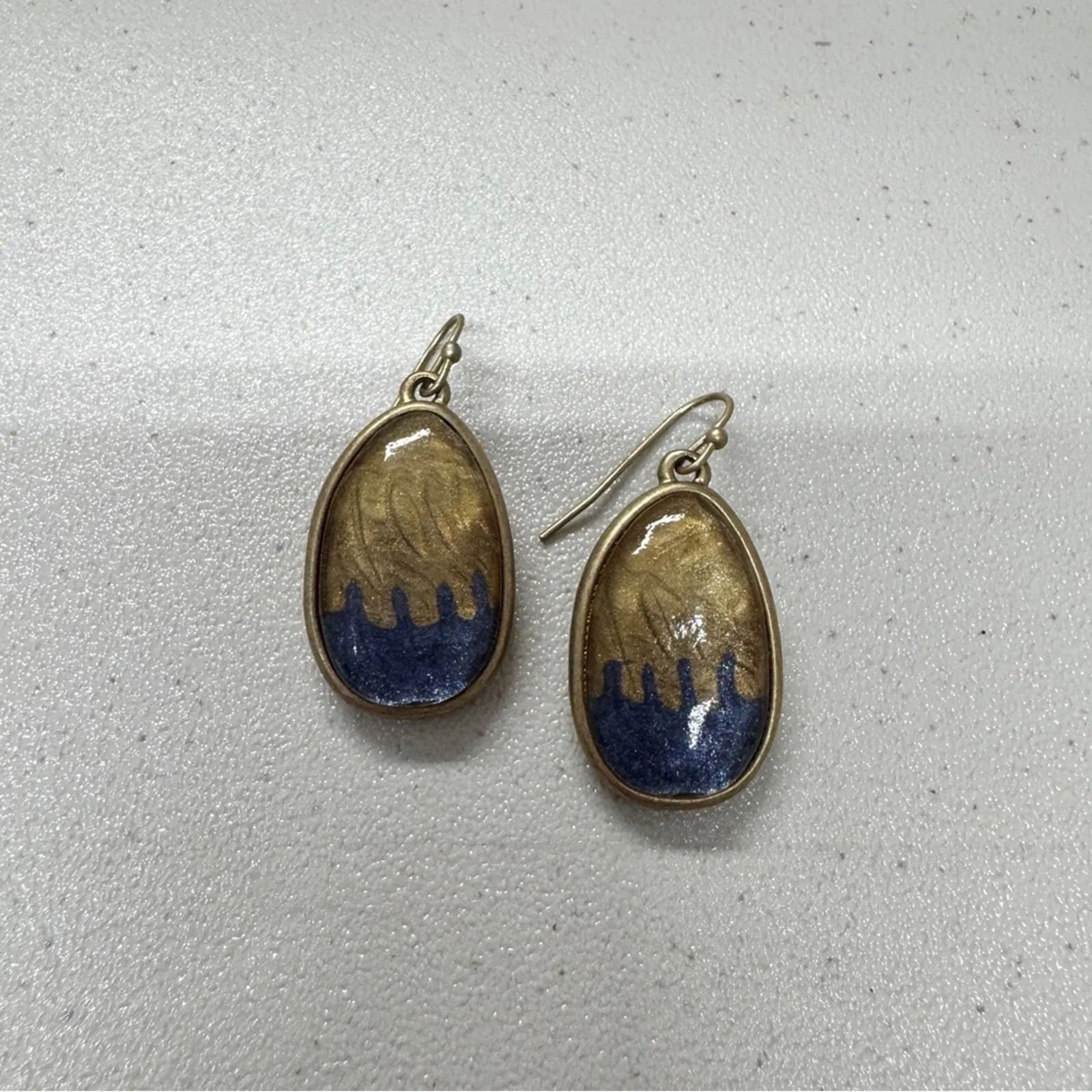 Blue Gold Sparkle Art Glass Gold Tone Tear Drop Earrings Women’s Jewelry - Image 2