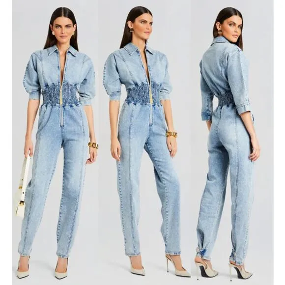 NWT Retrofete Ellis Short Sleeve Tapered Leg Denim Jumpsuit Este Women's Size M - Image 2