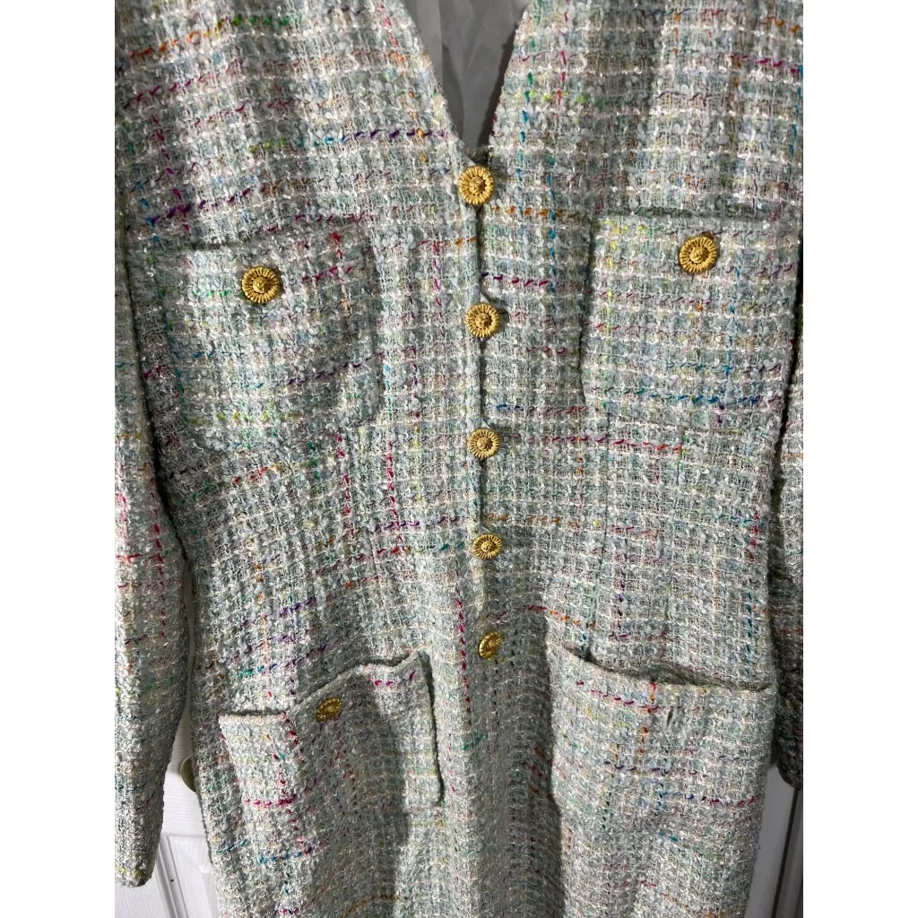 Jeannene Booher Multicolor Tweed Jacket Dress W/ Gold Buttons White Size 10 - Image 3
