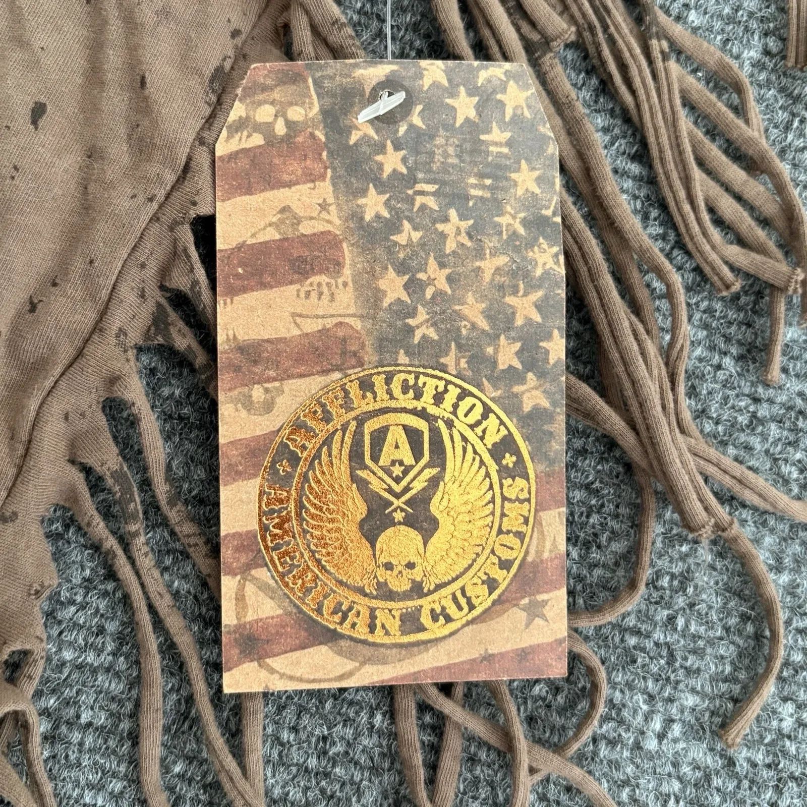 Affliction Women's AC Shaman Fringe‎ Muscle Tee Brown Sz 2XL Bedazzled Y2K Style - Image 5