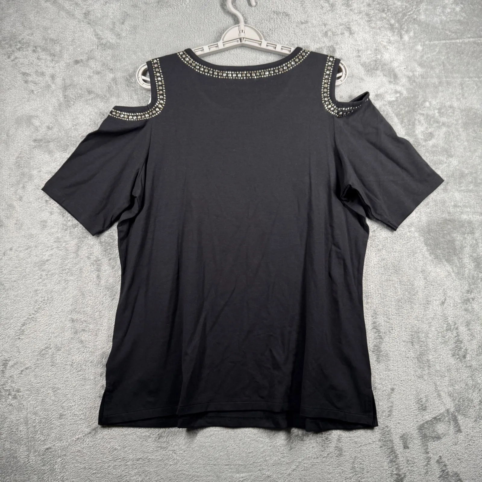 Belle Kim Gravel Blouse M Black Studded Cold Shoulder Tunic Top Embellished Size M - Image 3