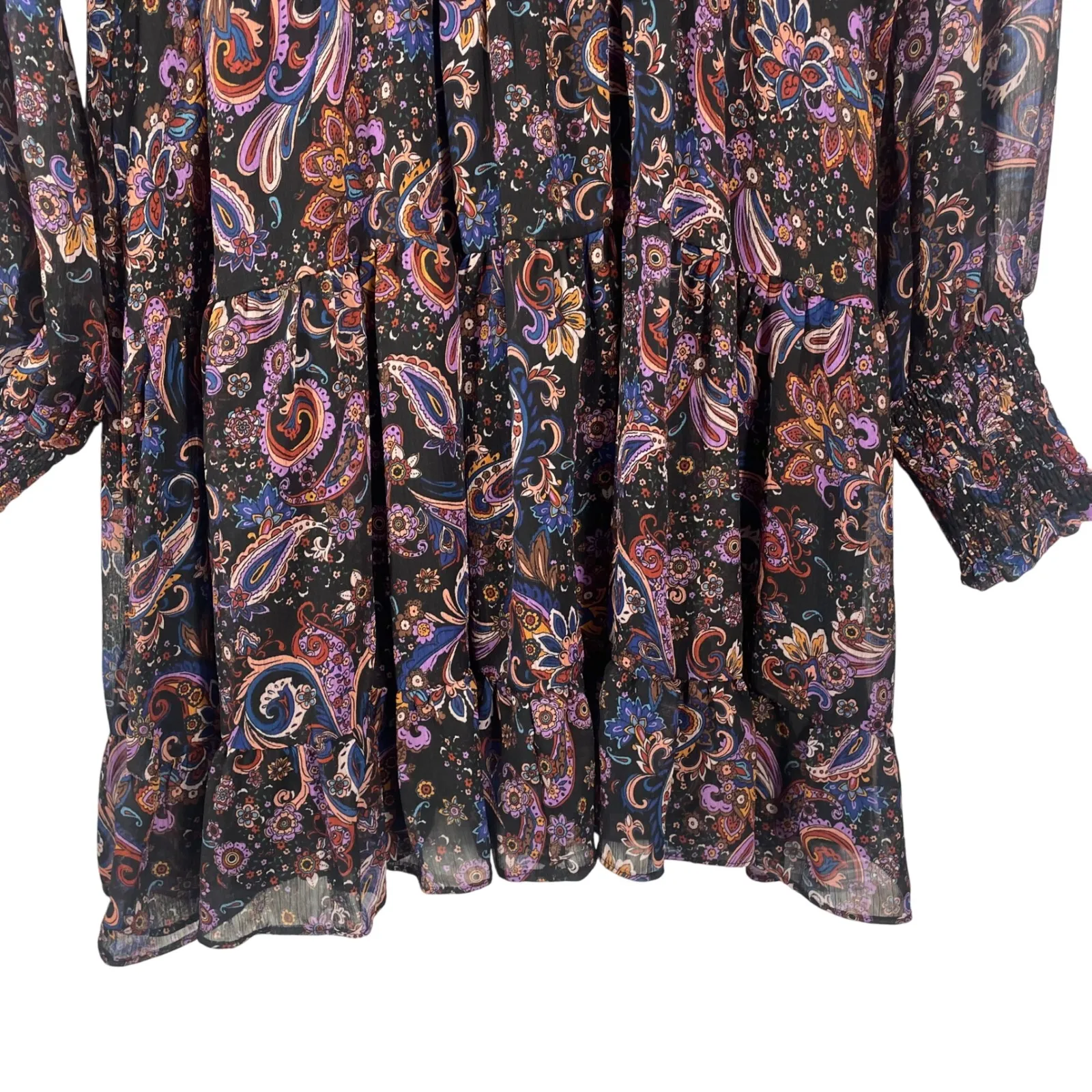 Fate Women's Boho Paisley Mini Dress M Ruffle Long Sleeve Sheer Lined Multicolor Black Size M - Image 3