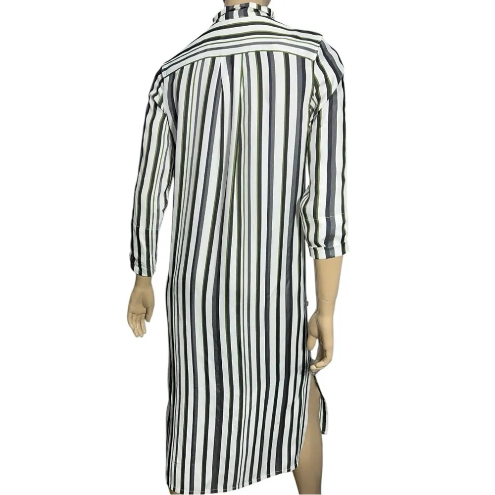 AYR Women’s Size XS Cream Green Black Striped Tie Neck Button Down Midi Dress - Image 5