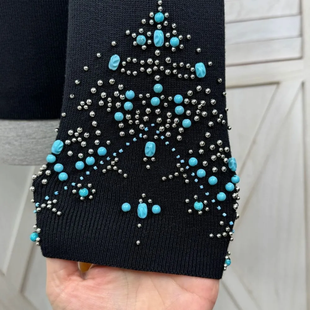 Kikit Turquoise Beaded Studs Sweater Black Medium Western Black - Image 6