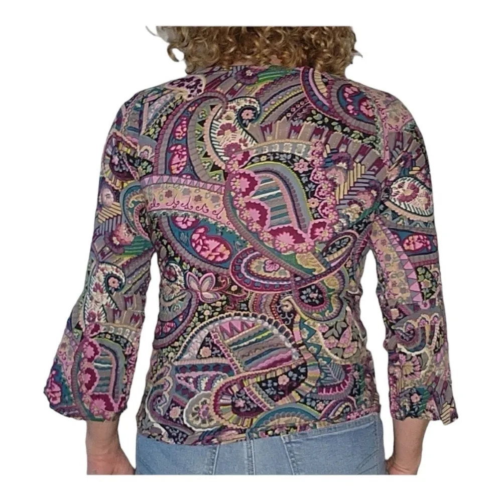 Lucky Brand Size Large V Neck Paisley Long Sleeve Blouse Prior Black - Image 2