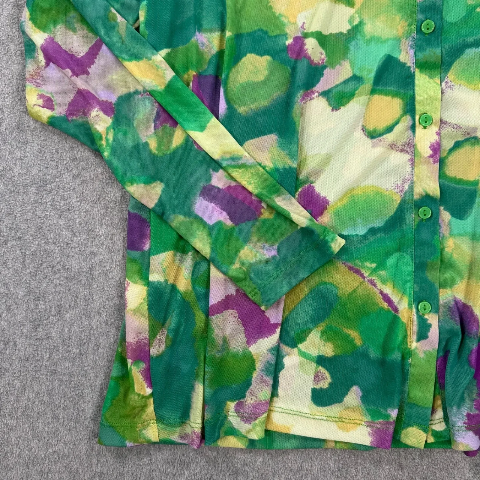 LOGO Layers by Lori Goldstein Watercolor Printed Mesh Cardigan Size Large Green - Image 2