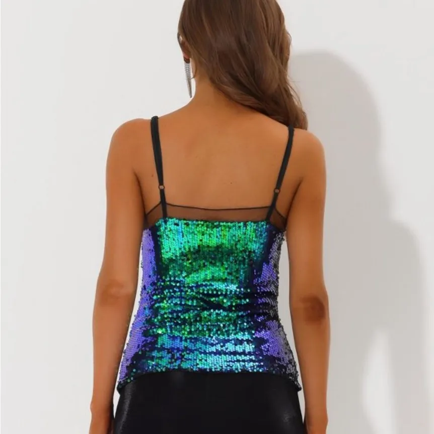 💚🆕Allegra K Iridescent Green and Blue Sequin Lace Trim Tank Top ✨NWT✨ - Image 3