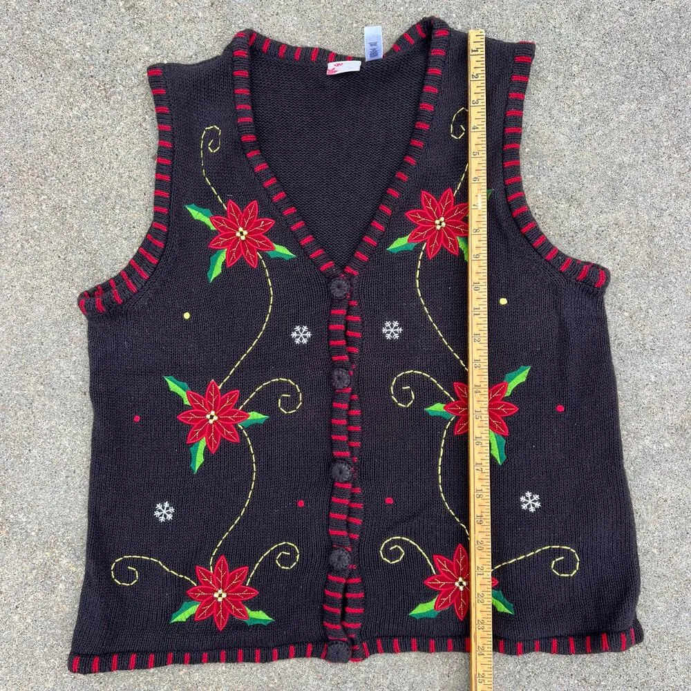 Vintage Y2K Ugly Christmas Red Poinsettia Beaded Embroidered Sweater Vest LARGE Black - Image 3