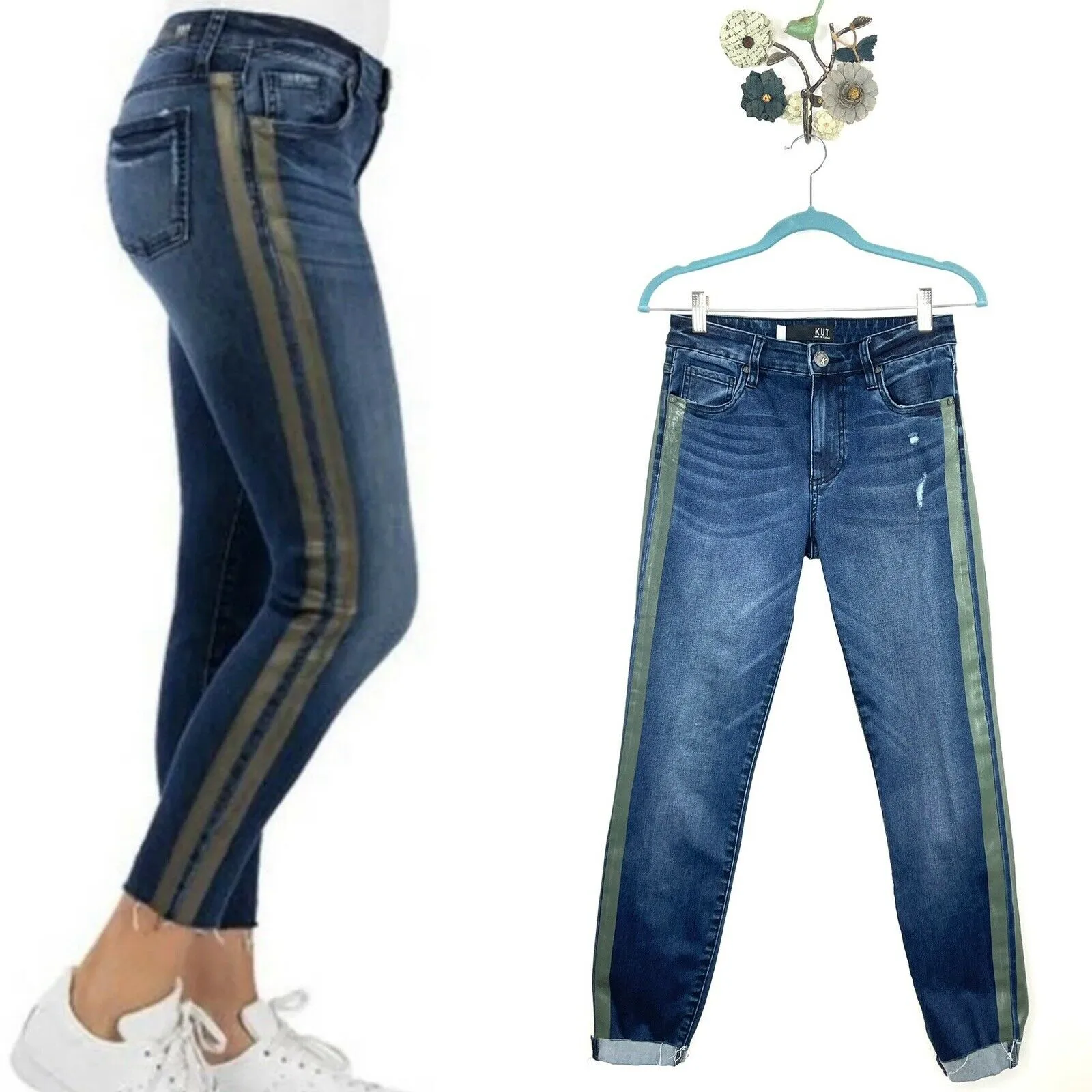 Kut From the Kloth Size 2 Connie Hi Rise Ankle Skinny Jeans Raw Hem Green Stripe - Image 2