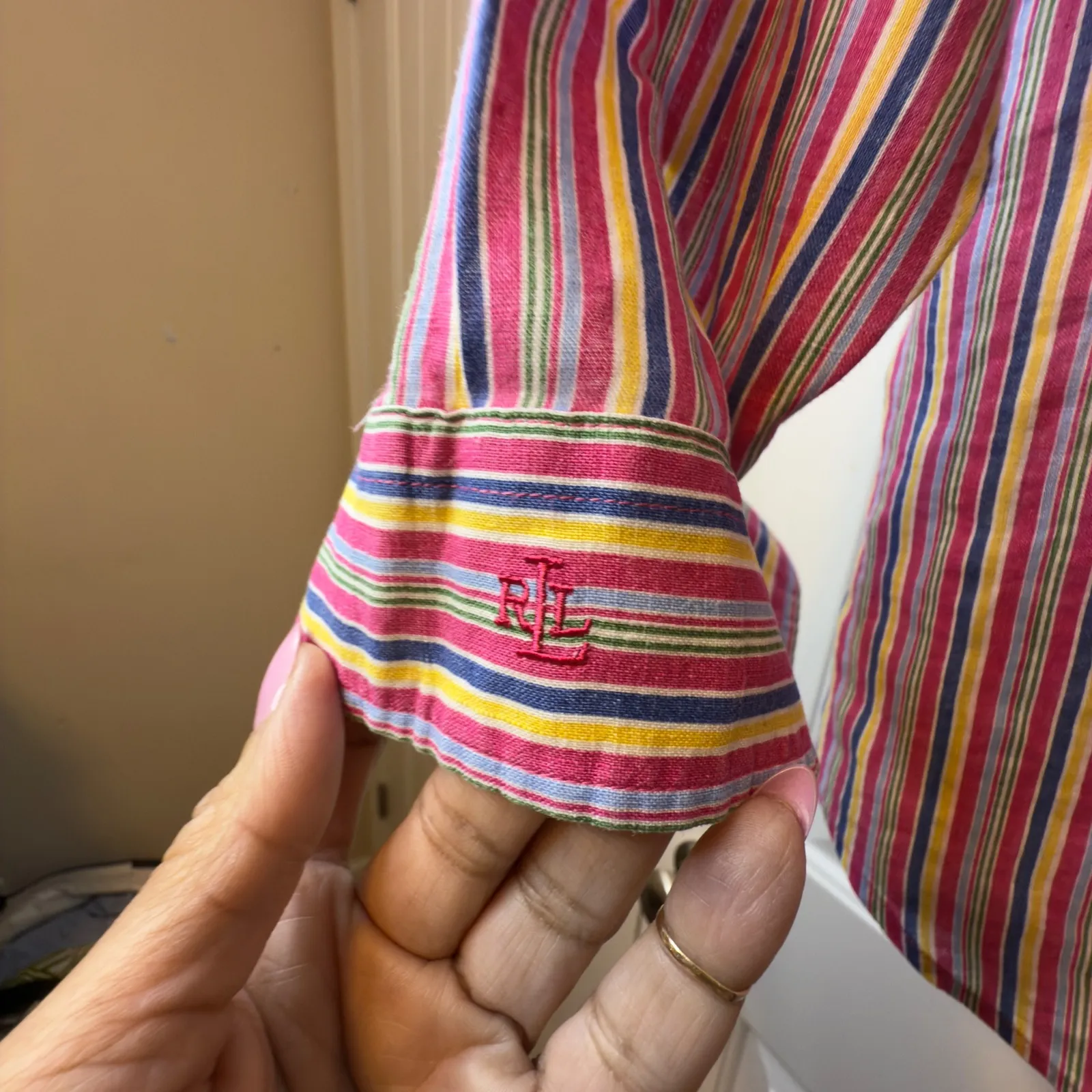 Lauren Ralph Lauren Shirt Womens Stripe 100% Linen Button Down 3/4 Sleeve Size L - Image 3