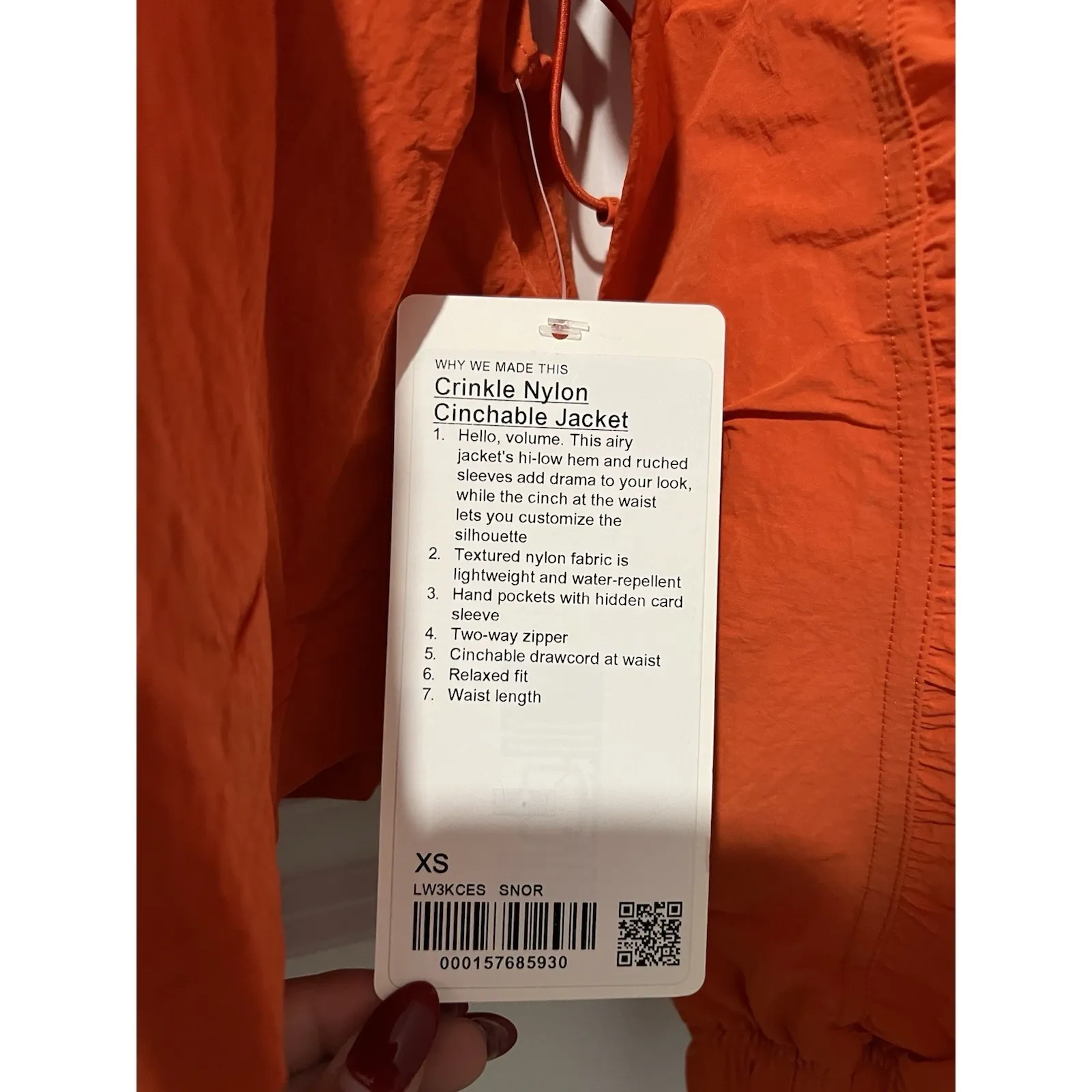 Lululemon Crinkle Nylon Cinchable Jacket Size XS NWT $148 Sunburst Orange - Image 7