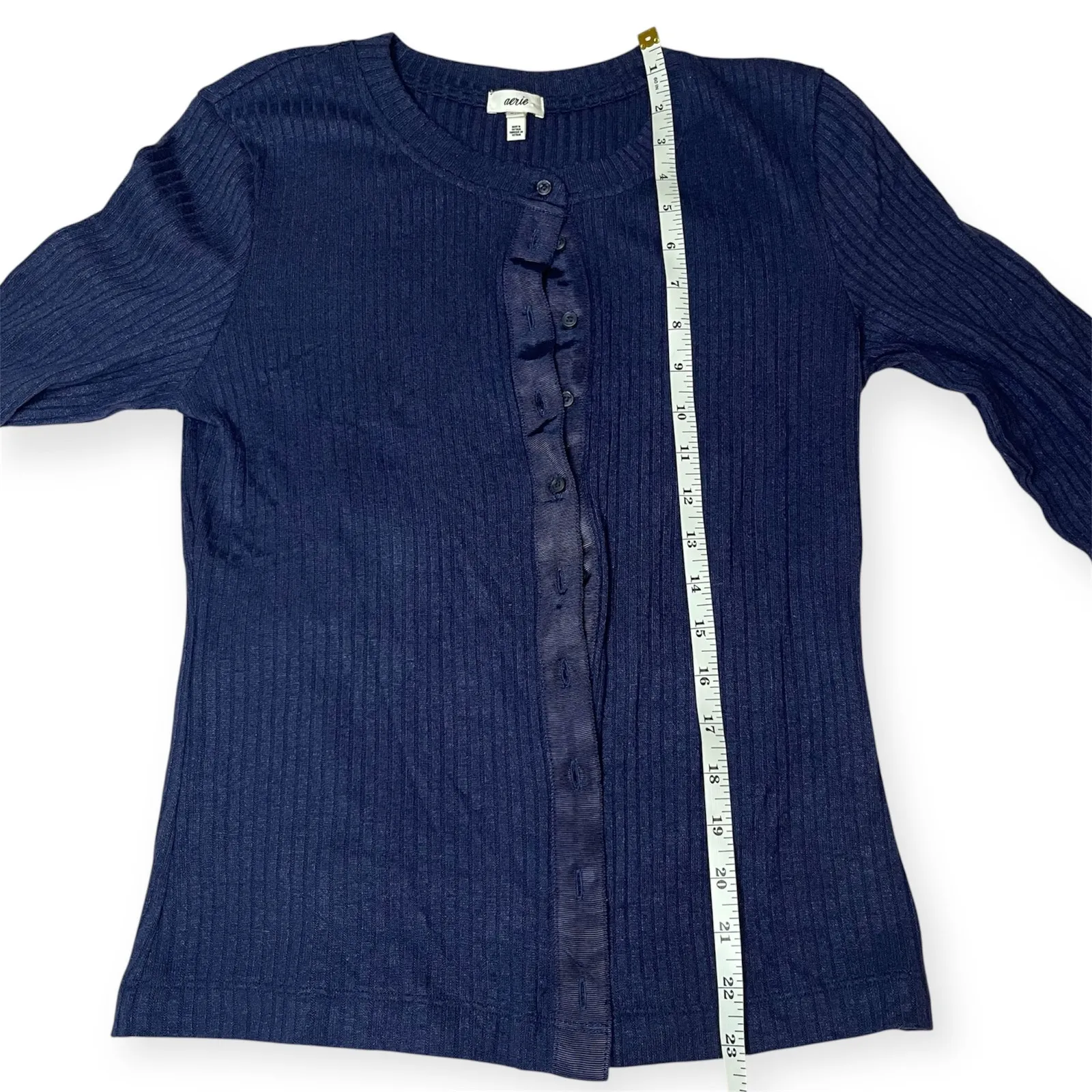 Aerie Navy Blue Ribbed Knit Button Front Cardigan Long Sleeve Layering Top Sz M - Image 7