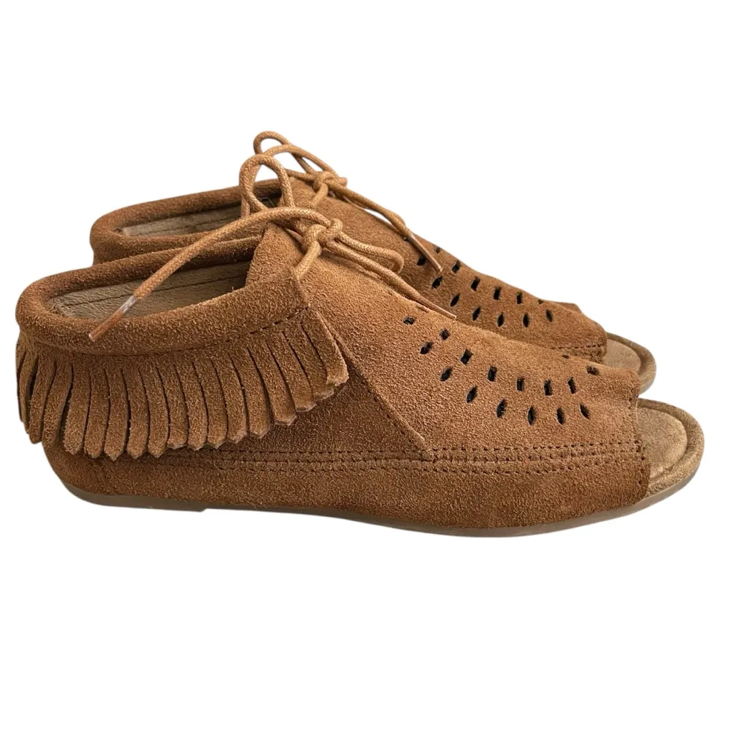 Minnetonka Lyra Soft Suede Fringe Moccasin Open Toe Booties Women’s Size 8 Flats - Image 2
