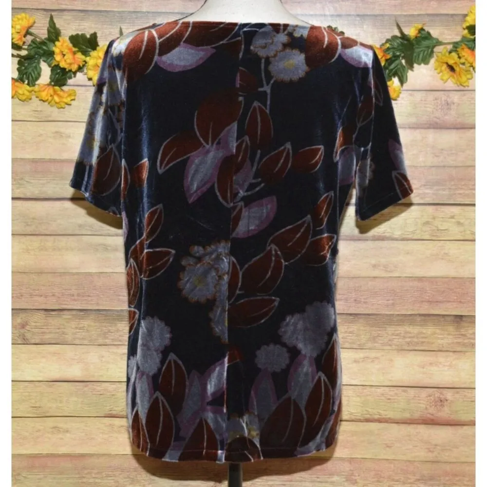 Ann Taylor Ladies Blue Velvet Rust Leaf Pattern Short Sleeve Blouse M Slit Casua - Image 5