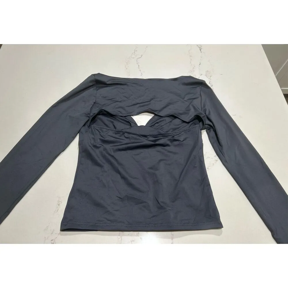 NEW Gray Open Cross Back Workout Crop Top L White Size L - Image 2