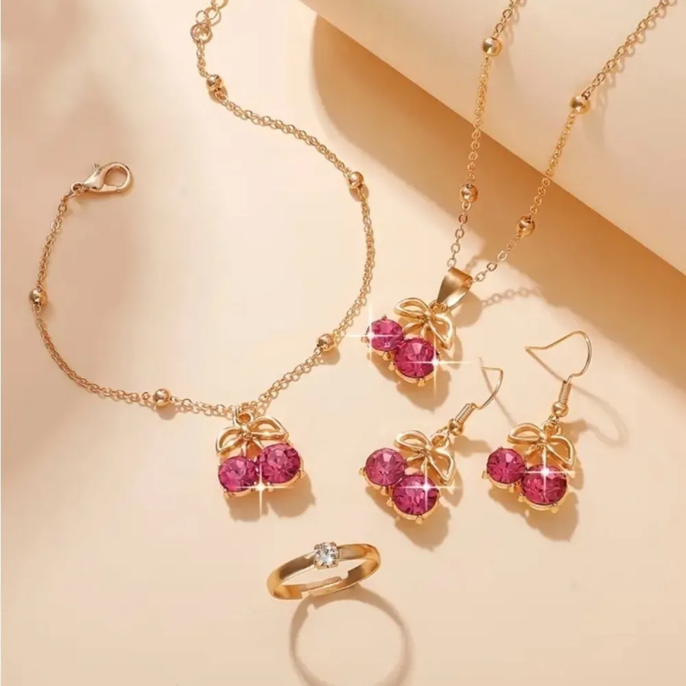 Cherries Necklace, Earrings, Bracelet and Ring Set NWT Gold - Image 4