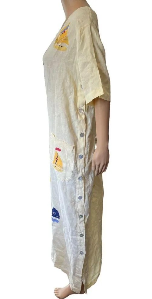 Blue Eyed Bear Yellow Linen Hand Blocked Preppy Tropical Boating Button Dress Size M - Image 6