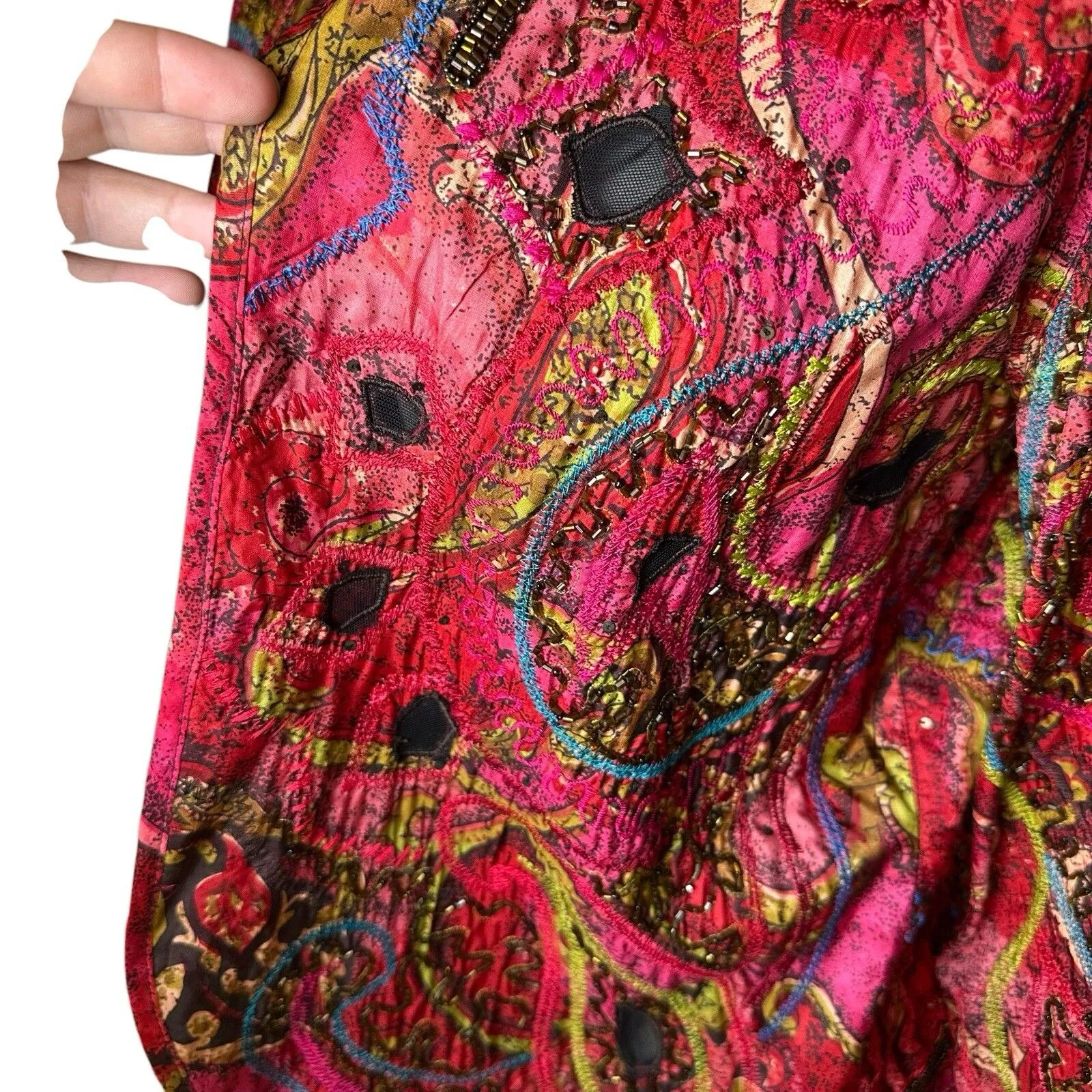 Chico’s Red Silk Embroidered Beaded Dopamine Jacket M | Eclectic Boho Statement - Image 4